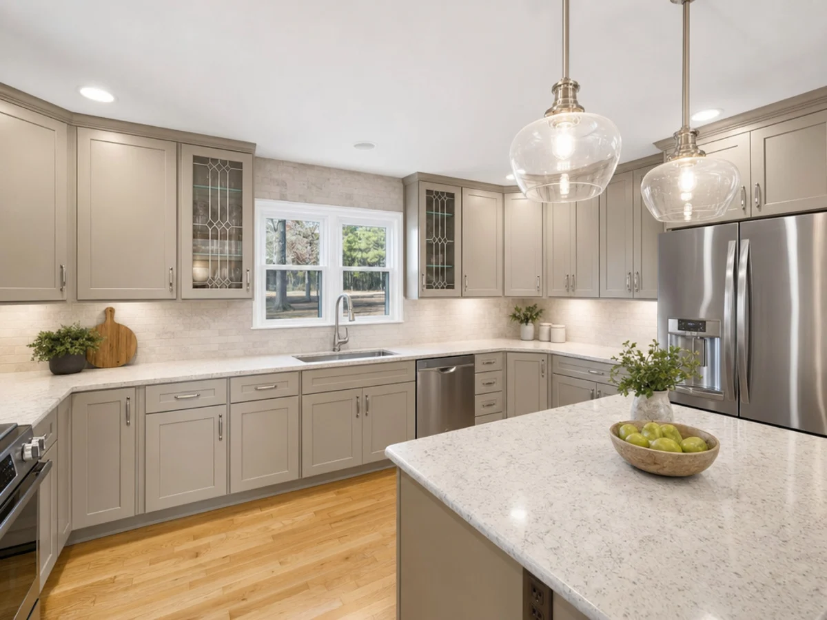 Balanced kitchen redesign preview with updated cabinets, finishes, and lighting while keeping the main layout recognizable